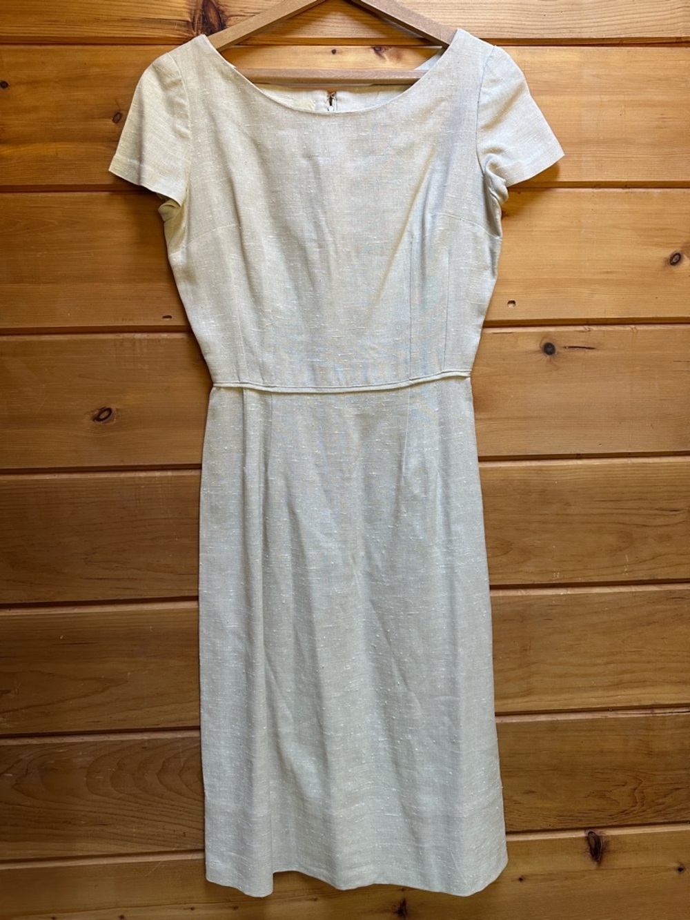 Vintage Moygashel Linen Dress Midi cream color cap sleeve Back zipper M